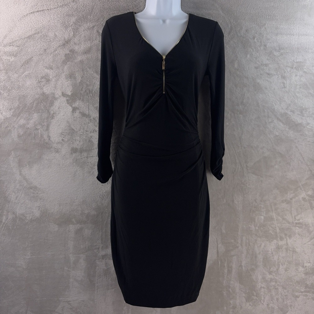 CACHE Bodycon Dress Womens Size Small Black Zip Front Ruched‎ Cocktail Sexy Y2K